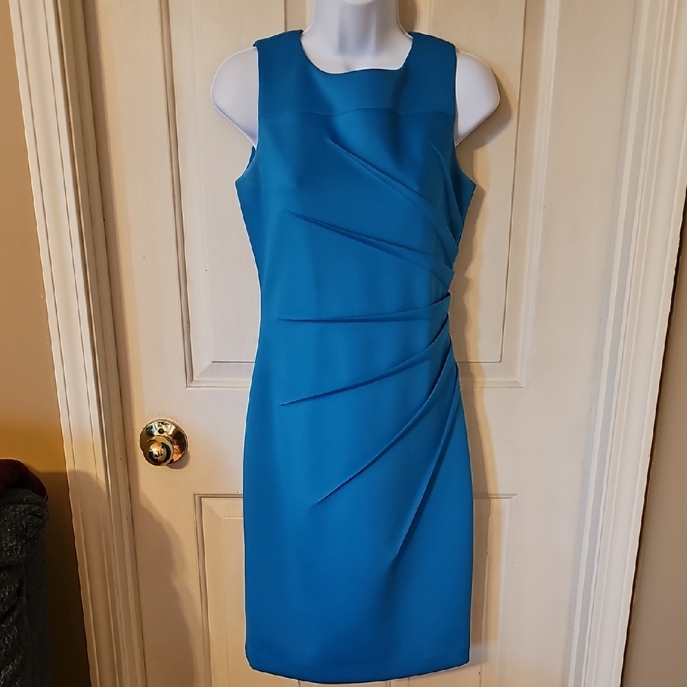 Calvin Klein Blue Sheath Mini Dress with Asymmetrical Pleats